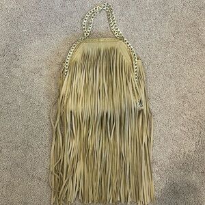 NWOT Taupe Vegan Leather Fringe Handbag with Gold Chain straps